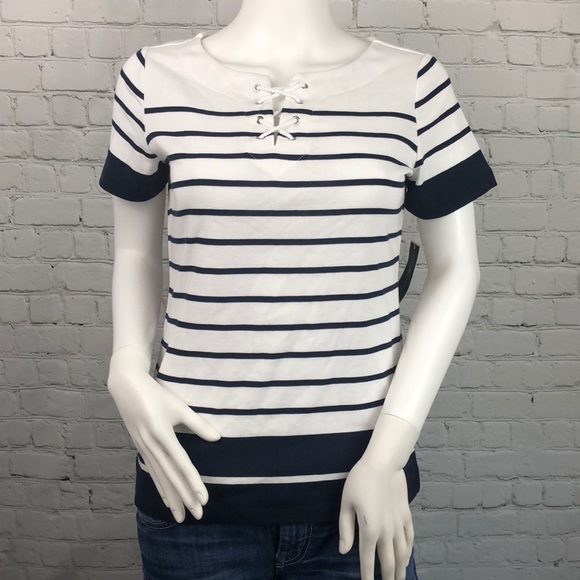 Karen Scott Navy & White Stripe Top Sz PS PM PL - Picture 2 of 4